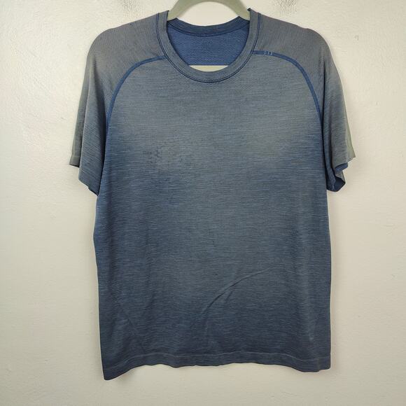 Lululemon Metal Vent Tech Tee Mens Medium Blue Heather Performance Mesh‎ FLAWS - Picture 1 of 9
